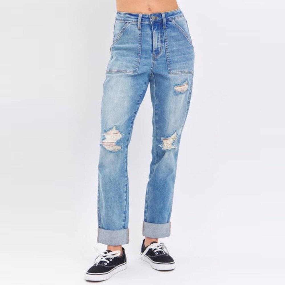JUDY BLUE HIGH WAIST PATCH POCKET & DESTROY BOYFRIEND